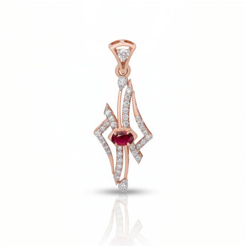 A rose gold pendant featuring a central oval ruby red gemstone surrounded by pavé-set clear moissanite diamonds, with additional curved rose gold and diamond-studded arms extending outward, shown on a white background with a soft reflection.